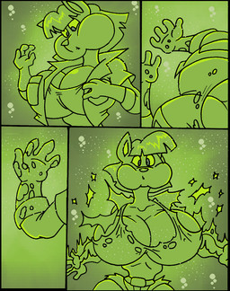 acid ambiguous_gender anthro belt big_breasts bottomwear breasts clothing crop_top dissolved_clothing dissolving dissolving_clothing duo female feral fur gloves green_body hair handwear huge_breasts jacket shirt shorts slime tan_body tan_fur thick_thighs topwear translucent unwilling_prey virus-20 june_coyote blob_creature canid canine canis coyote mammal 2016 comic digital_media_(artwork)