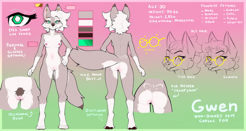 anthro areola biped breasts butt claws countershade_torso countershading eyewear feet female fingers front_view fur genitals glasses hair looking_at_viewer nipples nude nude_anthro nude_female pubes rear_view smile solo standing tail text toes vulva amazinggwen gwen_lee canid canine fox mammal 2026 digital_drawing_(artwork) digital_media_(artwork) english_text hi_res model_sheet