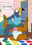 4_toes 5_fingers anthro barefoot beak blue_body bottomwear breasts brown_body casual_clothing clothed clothing detailed_background dialogue dominant dominant_female duo eye_contact feathers feet female female/female fingers foot_grab furniture imminent_sex legs_up looking_at_another looking_at_partner looking_pleasured markings non-mammal_breasts on_ground open_beak open_mouth pajamas panties partially_clothed patreon_logo pattern_bottomwear pattern_clothing pattern_panties pattern_underwear pink_clothing pink_panties pink_underwear plantigrade playful polka_dot_panties polka_dot_underwear shirt shorts sofa speech_bubble spots spotted_body spread_legs spreading stumbling submissive submissive_female text toes topwear underwear ultrahyper adult_swim cartoon_network netflix patreon tuca_and_bertie twister bertie_(tuca_and_bertie) tuca_(tuca_and_bertie) avian bird oscine passerine ramphastos thrush_(bird) toco_toucan toucan 2022 colored digital_drawing_(artwork) digital_media_(artwork) english_text flat_colors hi_res