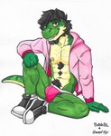 anthro black_eye_(injury) body_hair bruised bulge chest_hair clothing footwear happy_trail hoodie male shoes sneakers solo spread_legs spreading topwear underwear very_hairy ares_sweetfox bashbl-ux dirtydinos loki_(dirtydinos) dinosaur prehistoric_species reptile scalie theropod tyrannosaurid tyrannosauroid tyrannosaurus tyrannosaurus_rex hi_res traditional_media_(artwork)