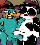 angry anthro balls beak bear big_butt blush bodily_fluids butt clothing disney dripping duo fedora foreskin fur genital_fluids genitals giant_panda hat headgear headwear male male/male mammal momu9172 monotreme penis perry_the_platypus peter_the_panda phineas_and_ferb platypus precum precum_drip slightly_chubby surprise teal_body teal_fur white_body wide_hips