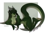 anthro areola black_hair breasts female green_body green_skin hair horn looking_at_viewer nipples non-mammal_breasts nude orange_eyes solo tail eihman mythology dragon mythological_creature mythological_scalie scalie wingless_dragon 2021 digital_media_(artwork)