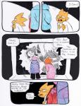 aftertale alphys animated_skeleton anthro bone clothed clothing comic computer dialogue electronics english_text eyewear frisk_(undertale) glasses hair hi_res human knife lizard loverofpiggies male mammal reptile sans_(undertale) scalie scarf skeleton tem temmie_(undertale) text undead undertale undertale_(series) winter