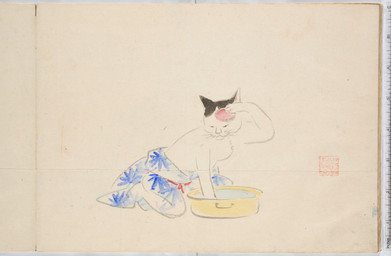 anthro biped clothed clothed_anthro clothed_female clothing container female female_anthro floral_print kneeling simple_background solo topless topless_anthro topless_female whiskers utagawa_hiroshige public_domain domestic_cat felid feline felis mammal 19th_century absurd_res ancient_art hi_res painting_(artwork) traditional_media_(artwork) traditional_painting_(artwork) traditional_watercolor_(artwork) watercolor_(artwork)