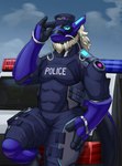 anthro car clothed clothing gesture gun hair hand_gesture handgun looking_at_another looking_at_viewer machine male middle_finger motor_vehicle muscular muscular_anthro muscular_male piercing police police_car police_uniform police_vehicle ranged_weapon ring_piercing solo tail tipping_hat topwear uniform vehicle weapon tall_lizzard_(artist) mythology dragon eastern_dragon kobold mythological_creature mythological_scalie robot scalie synth_(vader-san) digital_media_(artwork) hi_res