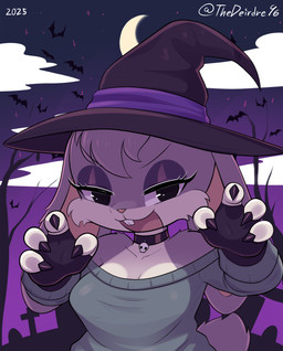 anthro breasts cemetery choker claws clothed clothing countershading crescent_moon eyelashes eyeshadow fangs female fingers fur hat headgear headwear holidays jewelry long_sleeves looking_at_viewer magic_user makeup medium_breasts moon necklace night off_shoulder open_mouth pawpads scut_tail short_tail skull_necklace smug solo tail teeth witch witch_hat thedeirdre96 halloween violet_bunny bat lagomorph leporid mammal rabbit 2025 half-length_portrait hi_res portrait purple_theme shaded signature