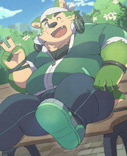 anthro belly bench big_belly bottomwear clothing detailed_background electronics green_body headphones headphones_around_neck kemono male one_eye_closed outside overweight overweight_male pants sitting solo wink ayame42612 lifewonders live_a_hero mokdai canid canine canis domestic_dog mammal 2026 hi_res