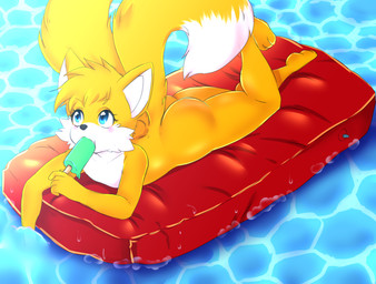 2_tails 3_toes 5_fingers anthro blonde_hair blue_eyes blush butt cheek_tuft dipstick_tail facial_tuft feet femboy fingers floating fluffy fluffy_tail food fur grey_nose hair lying male markings multi_tail multicolored_body multicolored_fur multicolored_tail nude pool_float popsicle raised_tail solo tail tail_markings toes tuft two_tone_body two_tone_fur two_tone_tail water white_body white_fur white_tail white_tuft yellow_body yellow_ears yellow_fur yellow_tail vaini sega sonic_the_hedgehog_(series) miles_prower canid canine fox mammal 2019 digital_media_(artwork) hi_res