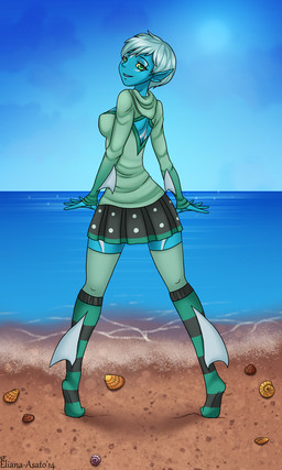 anthro beach biped blue_body blue_hair blue_skin bottomwear clothed clothing cloud detailed_background female fully_clothed green_eyes hair legwear outside sand sea seaside shell short_hair skirt sky smile solo standing stockings sun water eliana-asato 2014 3:5 hi_res