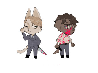 alternate_species ambiguous_gender anthro blonde_hair blood blood_on_face bodily_fluids bottomwear brown_body brown_fur brown_hair chibi clothed clothing duo eyelashes eyewear floppy_ears footwear fully_clothed fur furrification glasses gun hair holding_gun holding_knife holding_object holding_ranged_weapon holding_weapon jacket knife necktie one_eye_closed pants pointy_ears prick_ears ranged_weapon shirt tail topwear weapon wink sonyavor hannibal_(series) hannibal_lecter will_graham canid canine canis domestic_cat domestic_dog felid feline felis mammal hi_res