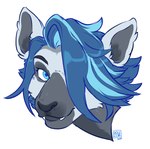 anthro blue_eyes blue_hair fangs female hair hair_over_eye looking_at_viewer one_eye_obstructed short_hair simple_background solo teeth white_background kidcub taylor_(obessivedoodle) lemur mammal primate strepsirrhine headshot_portrait portrait