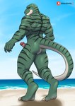 anthro back_muscles beach butt genitals green_body humanoid_genitalia humanoid_penis male muscular muscular_anthro muscular_male nude nude_beach outdoor_nudity outside penis sea seaside solo striped_body stripes water kraidhiel dinosaur lizard prehistoric_species reptile scalie hi_res