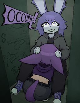 anthro bathroom bent_legs clothed clothed_sex clothing duo exclamation_point fellatio female female/female hair hand_on_head implied_oral kneeling_oral_position oral penile public_restroom purple_hair sex luxtrasortis rue_zea_(zeathemays) canid canine fennec_fox fox lagomorph leporid mammal rabbit true_fox