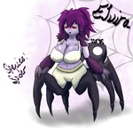 breasts dots female hair purple_body purple_hair red_eyes simple_background simple_coloring solo spider_web text sinisterslyfox european_mythology greek_mythology mythology animal_humanoid arachne arachnid arachnid_humanoid arachnid_taur arthropod arthropod_humanoid arthropod_taur humanoid hybrid spider spider_humanoid taur english_description english_text hi_res shaded simple_shading soft_shading
