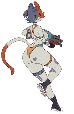 anthro beady_eyes big_breasts big_butt black_clothing black_eyes black_gloves black_handwear blue_clothing blue_swimwear breasts brown_body brown_fur butt cat_smile clothing eyelashes female footwear fur gloves grey_body grey_clothing grey_footwear grey_fur grey_shoes gun handwear holding_gun holding_object holding_ranged_weapon holding_weapon looking_at_viewer looking_back looking_back_at_viewer one-piece_swimsuit ranged_weapon shoes simple_background solo swimwear thick_thighs weapon white_background white_body white_fur wide_hips yellow_clothing yellow_swimwear frankievix epic_games fortnite cate_meowdy domestic_cat felid feline felis mammal