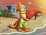 anthro beach clothing fur green_clothing green_swimming_trunks green_swimwear male orange_body orange_fur seaside solo surfboard swimming_trunks swimwear vehicle watercraft sagadreams nintendo pokemon buizel generation_4_pokemon mammal mustelid pokemon_(species)