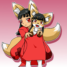 anthro black_hair countershade_face countershading duo female fur gradient_background hair kemono long_hair looking_at_viewer open_mouth red_eyes simple_background white_body white_fur yellow_body yellow_fur kyuubi360 tsune-hime 1:1 japanese_description