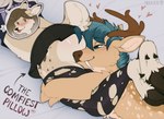 anthro antlers arms_around_legs bed blep blue_hair blush bottomwear brown_body brown_fur brown_hair butt clothed clothing cuddling cute_fangs directional_arrow duo ear_piercing ear_stud eyebrow_through_hair eyebrows fangs female fur furniture green_eyes green_pupils hair half-closed_eyes head_on_butt heart_symbol hooves horn inner_ear_fluff legs_around_partner legwear long_fangs looking_at_another looking_at_partner looking_up lying male male/female markings multicolored_body multicolored_fur multicolored_hair narrowed_eyes on_bed on_front piercing pink_eyes pupils scut_tail short_tail skirt smile spots spotted_body spotted_fur stockings tail tan_body tan_fur teeth text tongue tongue_out topwear torn_clothing torn_legwear torn_stockings translucent translucent_hair tuft two_tone_body two_tone_fur two_tone_hair unguligrade trickate deer mammal water_deer 2025 digital_media_(artwork) english_text hi_res