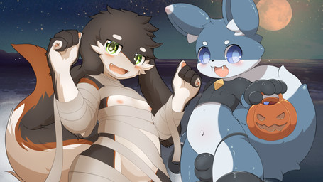 4_fingers anthro black_clothing black_topwear blush brown_body brown_fur brown_tail bulge clothed clothing duo fangs fingers full_moon fur green_eyes holidays kemono legwear looking_at_viewer male moon mummy_costume mummy_wrappings navel night nipples pink_tongue pumpkin_basket skimpy sky star starry_sky tail teeth thigh_highs tongue topwear wraps young young_anthro young_male fisuku popkage halloween kemopop! duke_(popkage) pina_(fisuku) canid canine canis mammal wolf 16:9 hi_res widescreen