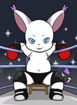 absurd_res anonymous_artist bandai_namco boxing_gloves clothed clothing digimon digimon_(species) female fighting_ring gatomon handwear hi_res nipples slightly_chubby solo topless underwear