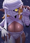 bandage big_breasts blonde_hair breasts cleavage clothed clothing dark_body dark_skin female glowing glowing_eyes hair huge_breasts humanoid_pointy_ears looking_at_viewer mummy_costume mummy_wrappings one_eye_obstructed pointy_ears pseudo_hair purple_background reaching_towards_viewer simple_background solo tentacle_hair tentacles thick_thighs wide_hips yellow_eyes nobunagapero nintendo splatoon animal_humanoid cephalopod cephalopod_humanoid humanoid inkling marine marine_humanoid mollusk mollusk_humanoid mummy undead hi_res