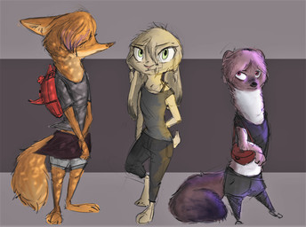 3_toes anthro backpack barefoot breasts clothed clothing feet female fishnet_clothing fishnet_legwear flat_chested green_eyes group handbag highlights_(coloring) legwear purple_highlights red_eyes small_breasts toes topwear sprinkah disney zootopia fan_character judy_hopps tommy_(sprinkah) canid canine fox lagomorph leporid mammal mustelid musteline rabbit stoat true_musteline weasel 2017 hi_res