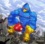 aircraft airplane anthro beak blue_body border bouncing_bulge bulge city clothing crouching destruction detailed_bulge explosion feathers green_eyes jet macro macro_anthro macro_male male male_focus muscular muscular_male speedo swimwear tank vehicle latea_hyena wolfmalro nintendo star_fox falco_lombardi avian bird 2d_animation animated hi_res motion_tweening no_sound short_playtime webm