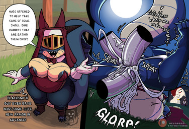 anthro anthro_penetrated areola armor big_breasts blue_body blush bodily_fluids breasts butt clothed clothing cum cum_inflation cum_inside dialogue double_penetration excessive_cum excessive_genital_fluids female female_penetrated fucked_silly genital_fluids genitals group headgear helmet horn inflation leaking_cum looking_at_viewer male male/female nipples non-mammal_breasts non-mammal_nipples onomatopoeia orgasm penetration penile penile_penetration penis sex smile sound_effects tail teeth text tongue triple_penetration sevsartcave nugs_(batartcave) viessa_dread_(batartcave) kobold mammal scalie english_text hi_res
