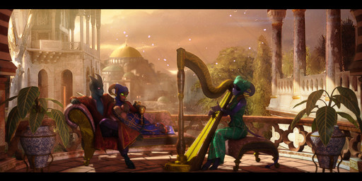 black_bars building byzantium chair clothed clothing dress fabric fantasy female furniture group hagia_sophia harp male musical_instrument outside plant plucked_string_instrument romanesque_architecture sofa string_instrument text trio janner3d ezria ganz xelthia demon 3d_(artwork) absurd_res digital_media_(artwork) hi_res letterbox url