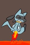 ambiguous_gender anthro blue_body blue_fur burning butt butt_on_fire clenched_teeth eyes_closed fire fur hand_on_butt lava pain raised_tail semi-anthro solo tail teeth fifybear nintendo pokemon generation_4_pokemon pokemon_(species) riolu hi_res