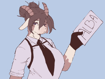 anthro big_breasts black_clothing black_gloves black_hair black_handwear black_necktie blue_background breasts brown_body brown_fur brown_horn clothing ears_down eyelashes female fur gloves hair handwear holding_object holding_sign horizontal_pupils horn looking_at_viewer necktie pivoted_ears pupils shirt sign simple_background solo text topwear upper_body white_body white_clothing white_fur white_shirt white_topwear darkus_art bovid caprine goat mammal character_name
