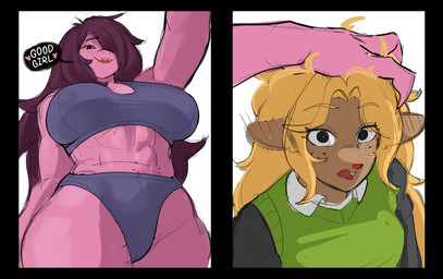 abs anthro big_breasts black_hair blonde_hair blush bra breasts camel_toe clothed clothing dialogue duo eyebrow_through_hair eyebrows female good_girl hair headpat heart_symbol high-angle_view huge_breasts long_hair low-angle_view midriff muscular muscular_anthro muscular_female navel nipple_outline nipples non-mammal_breasts non-mammal_navel non-mammal_nipples open_mouth open_smile panties shirt smile speech_bubble sports_bra sweater sweater_vest teeth text thick_thighs topwear translucent translucent_hair underwear vest wide_hips ckatnha deltarune undertale_(series) noelle_holiday susie_(deltarune) deer dinosaur mammal prehistoric_species reptile scalie 2026 english_text