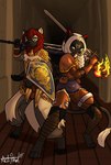anor_londo armor black_body black_fur fire fur hair hallway inside long_hair magic male melee_weapon red_hair shield sword weapon white_hair bear213 dark_souls fromsoftware felid feline mammal hi_res