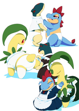 blue_body blue_scales clothing dressing_another female feral green_body group leaf leaf_hair maid_uniform panties plant plant_hair pseudo_hair scales trio underwear uniform vcrow_shuu nintendo pokemon bayleef croconaw generation_2_pokemon pokemon_(species) quilava absurd_res hi_res