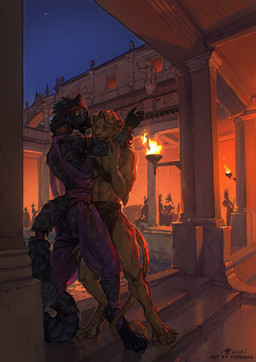 anthro anthro_on_anthro arm_grab armband backsack balls balls_outline bandanna_on_forehead bath bathhouse black_body black_fur black_hair blonde_hair bottomwear bracelet brazier bulge butt claws clothing crotchless_clothing detailed_bulge ear_piercing eye_contact fire fluffy fluffy_tail fur genital_outline genitals hair harem_outfit jewelry kerchief leather leather_strap loincloth looking_at_another male male/male markings neckband neckwear night pawpads piercing public ring spots spotted_body spotted_fur standing straps tail tail_around_leg tail_tuft tail_wraps tan_body tan_fur teeth translucent translucent_clothing tuft underwear wraps fossa666 dungeons_and_dragons hasbro wizards_of_the_coast background_character felid lion mammal pantherine tabaxi hi_res