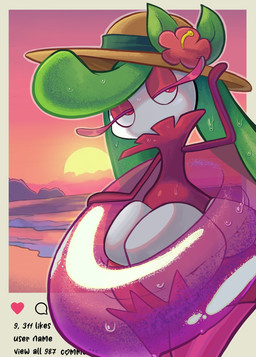 beach clothing cloud eyelashes female flower green_hair hair hat headgear headwear light mountain outside pink_body pink_eyes plant pokemorph pool_float rock sand sea sky solo sun sunlight sunset text water wolfang_fh instagram nintendo pokemon elemental_creature elemental_humanoid flora_fauna generation_7_pokemon humanoid plant_humanoid pokemon_(species) tsareena colored english_text hi_res shaded