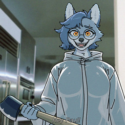 anthro axe breasts clothed clothing coat curvy_figure dialogue eyewear female glasses hourglass_figure imminent_death kitchen movie_reference raincoat raincoat_only skimpy smile solo topwear translucent weapon pixelguzzler american_psycho canid canine canis mammal wolf 1:1 digital_media_(artwork) hi_res pixel_(artwork)