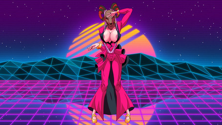 anthro atomic_wedgie big_breasts breasts camel_toe clothing computer dress electronics female solo synthwave wedge_(footwear) wedge_sandals wedgie dlovolb paradise_killer crimson_acid bovid caprine demon goat human humanoid mammal 16:9 absurd_res hi_res widescreen