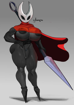 abs areola areola_slip big_breasts big_butt biped black_areola black_nipples blue_vulva breasts butt cape clothing female genitals gradient_background grey_background grey_body huge_breasts muscular muscular_female nipple_outline nipples red_cape red_clothing simple_background solo text vulva weapon crabtopus hollow_knight_(franchise) team_cherry hornet_(hollow_knight) arthropod absurd_res hi_res