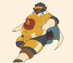 anthro belly big_belly black_nose brown_body bulge cape clothed clothing humanoid_hands kemono male overweight overweight_male simple_background skinsuit solo tight_clothing visor haoming canid canine canis domestic_dog mammal 2022 hi_res