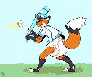 3_toes 5_fingers ambiguous_gender anthro ball baseball_(ball) baseball_(sport) baseball_bat baseball_cap baseball_uniform bat_(object) black_body black_fur black_tail clean_diaper clothed clothing diaper dipstick_tail feet fingerless_(marking) fingerless_gloves_(marking) fingers fur gloves_(marking) grass hair hat headgear headwear holding_bat jersey leg_markings logo markings multicolored_body multicolored_fur multicolored_tail orange_body orange_fur orange_tail plant red_hair shirt sky smile socks_(marking) solo sport sportswear standing tail tail_markings toes tongue tongue_out topwear uniform wearing_diaper white_body white_fingers white_fur white_tail white_tail_tip white_toes bubblepuppers rye_(ominousfurry210) canid canine fox mammal artist_logo full-length_portrait portrait male_(lore)