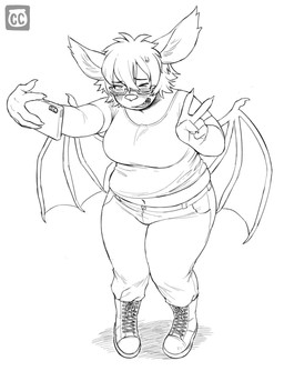 anthro biped blush bodily_fluids boots clothing electronics embarrassed eyewear female footwear gesture glasses hand_gesture holding_object holding_phone logo midriff navel phone rectangular_glasses selfie shadow shirt shoes simple_background slightly_chubby solo sweat t-shirt topwear v_sign wearing_glasses white_background chimeracauldron bat mammal artist_logo hi_res monochrome