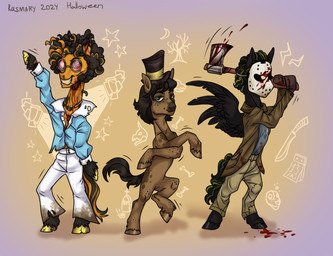 adolescent alternate_universe axe blood bodily_fluids bone clothing cosplay costume cylinder dancing dirt disco disco_zombie eyewear female feral freckles glasses gradient_background group hair hat headgear headwear holidays male mane markings mask rib_cage short_hair simple_background spread_wings standing trio wings wounded young rasmary electronic_arts fallout_equestria friday_the_13th_(series) halloween hasbro my_little_pony mythology plants_vs._zombies popcap_games cookie_cheetos fan_character fast_bullet jason_voorhees outworld earth_pony equid equine horse mammal mythological_creature mythological_equine pegasus pony undead zombie digital_media_(artwork) hi_res sibling_(lore)