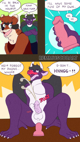 anal anal_masturbation anthro bodily_fluids butt caught cum dildo duo ejaculation embarrassed erection exposed genital_fluids genitals humiliation male male/male masturbation nude penis sex_toy text remmus_cobalt mythology ailurid dragon mammal mythological_creature mythological_scalie red_panda scalie 4k 9:16 absurd_res comic english_text hi_res