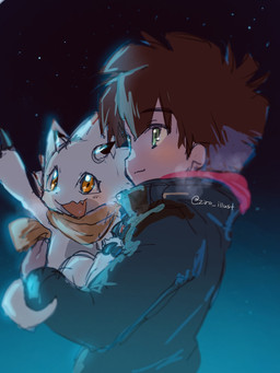 anthro brown_hair claws clothing duo green_eyes hair holding_another horn jacket male night open_mouth open_smile orange_eyes scarf smile tail topwear white_body ziro_illust bandai_namco digimon digimon_ghost_game gammamon_(ghost_game) hiro_amanokawa digimon_(species) gammamon human mammal 3:4 absurd_res hi_res