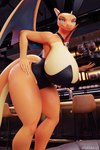 alcohol anthro beverage big_breasts blue_eyes breasts bunny_costume clothing collar costume female hand_on_hip huge_breasts orange_body pokeball pokeball_collar pupils serving_tray slit_pupils solo thick_thighs waiter wine wings guimontag nintendo pokemon yuki_(evov1) yukizard_(evov1) charizard generation_1_pokemon pokemon_(species) 2:3 3d_(artwork) absurd_res digital_media_(artwork) hi_res