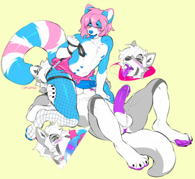 anal anthro anus balls blue_body blue_penis blush bottomwear clothing collar deep_rimming duo facesitting femboy fishnet_clothing fishnet_leggings fishnet_legwear genitals grey_body humanoid_genitalia humanoid_penis leash leash_pull leashed_collar leggings legwear lying male male/male male_rimming_male miniskirt multi_nipple nipples on_back open_mouth oral penis pink_body pink_eyes purple_penis rimming rimming_male sex simple_background sitting_on_another skirt tail tongue tongue_out white_body yellow_background yellow_eyes catzino akari_(akareee42) jinn_(jinnexx) ailurid canid canine canis mammal red_panda wolf hi_res