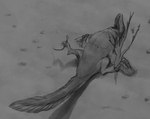 ambiguous_gender arm_feathers claws feathers feral holding_object lying on_back open_mouth sand sickle_claw solo stick sticks tail tail_feathers toe_claws theraptorlad dinosaur dromaeosaurid feathered_dinosaur feathered_scalie prehistoric_species reptile scalie theropod greyscale hi_res monochrome