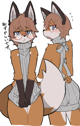 anthro biped blush blush_lines bodily_fluids bottomless bottomless_anthro bottomless_male brown_hair clothed clothed_anthro clothed_male clothing dipstick_tail embarrassed eyewear femboy fur glasses hair half-closed_eyes looking_back male male_anthro markings narrowed_eyes orange_body orange_fur round_glasses solo standing sweater tail tail_markings teardrop tears text topwear virgin_killer_sweater wearing_glasses aya_tsuji meme_clothing canid canine fox mammal 2025 absurd_res digital_media_(artwork) hi_res japanese_description japanese_text meme multiple_images