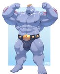 4_fingers abs anthro areola barazoku barefoot belt biceps big_bulge big_muscles big_pecs blue_background bodily_fluids border bulge championship_belt clothed clothing feet fingers flexing flexing_bicep grey_body huge_muscles kemono looking_at_viewer male manly muscular muscular_anthro muscular_male nails navel nipples obliques one_eye_closed pecs plantigrade serratus simple_background smile solo speedo standing sweat swimwear teeth thick_arms thick_thighs topless topless_anthro topless_male white_border wink o-ro nintendo pokemon generation_1_pokemon machoke pokemon_(species) 2024 full-length_portrait hi_res portrait signature